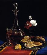 still life by Adalbert John Volck, showing decanter of wine, oysters, small vase of flowers, slice of lemon